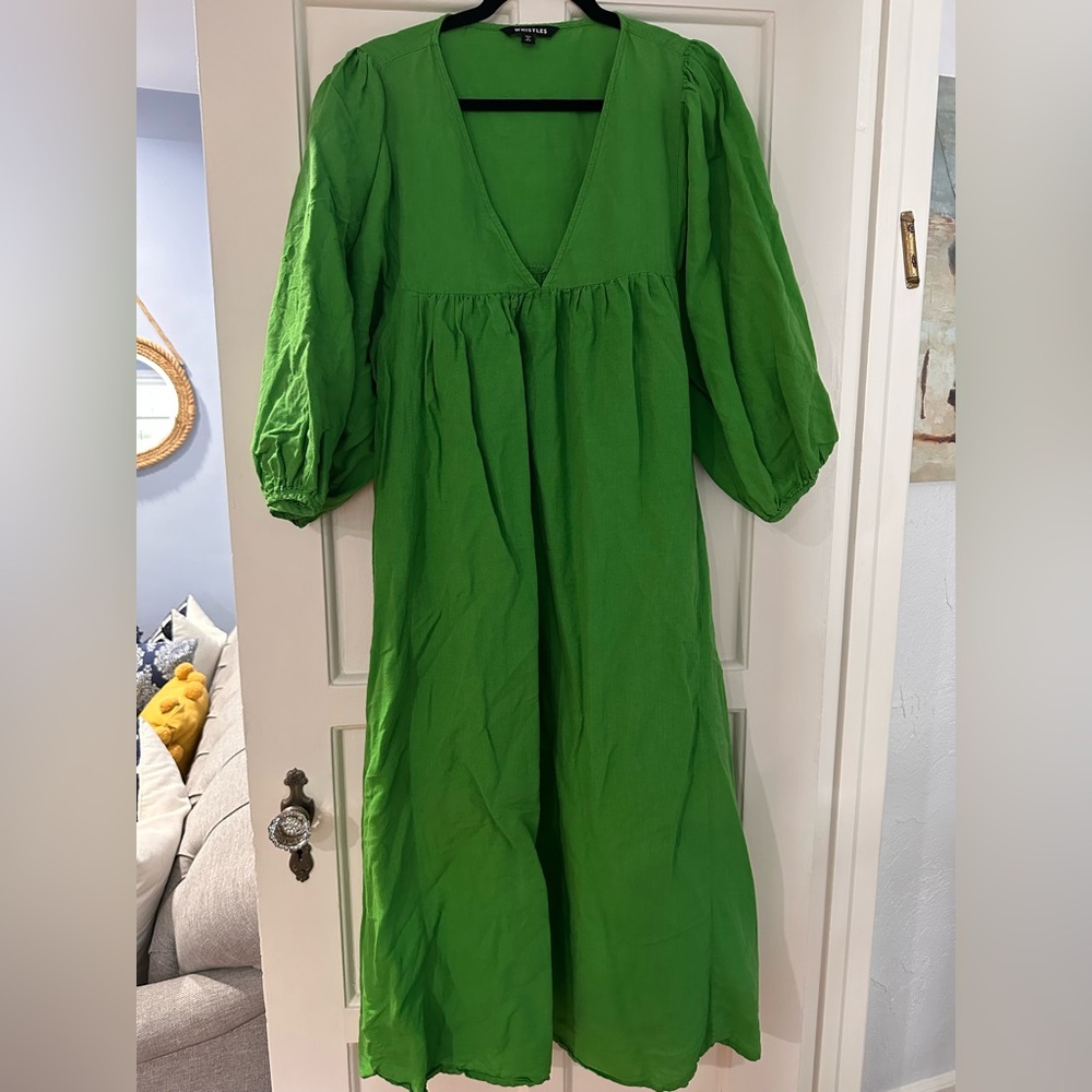 Whistles Bright Green loose fitting midi dress with 3/4 sleeves.